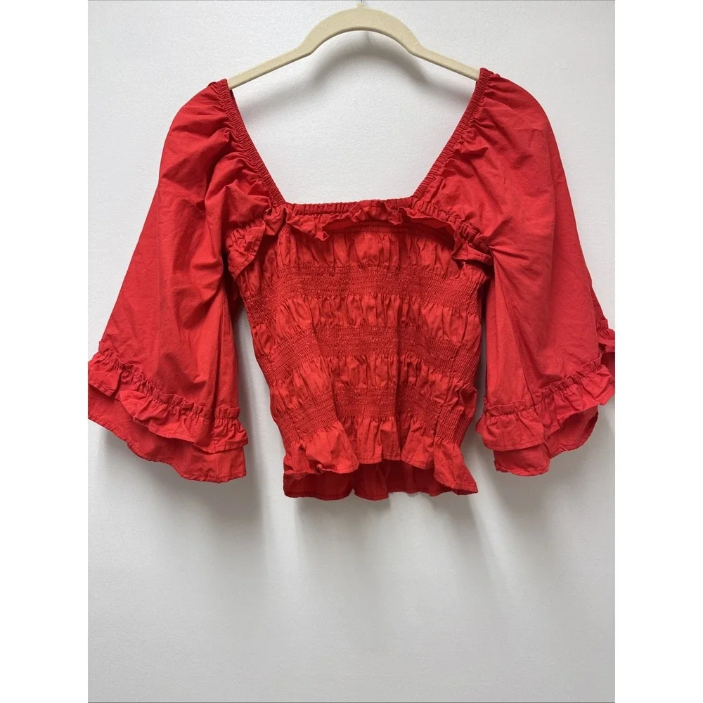 Free People‎ Red Smocked Ruffle Bell Sleeve Crop Top Square Neck XS - Picture 7 of 7